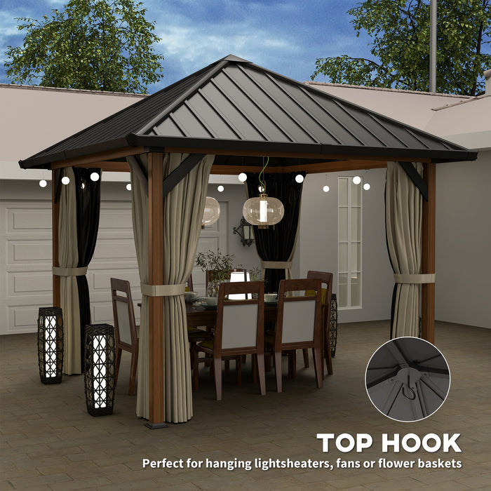 3 x 3(m) Metal Hardtop Gazebo with Netting and Curtains, Walnut