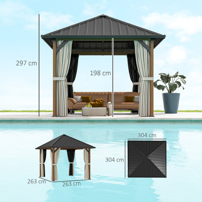 3 x 3(m) Metal Hardtop Gazebo with Netting and Curtains, Walnut