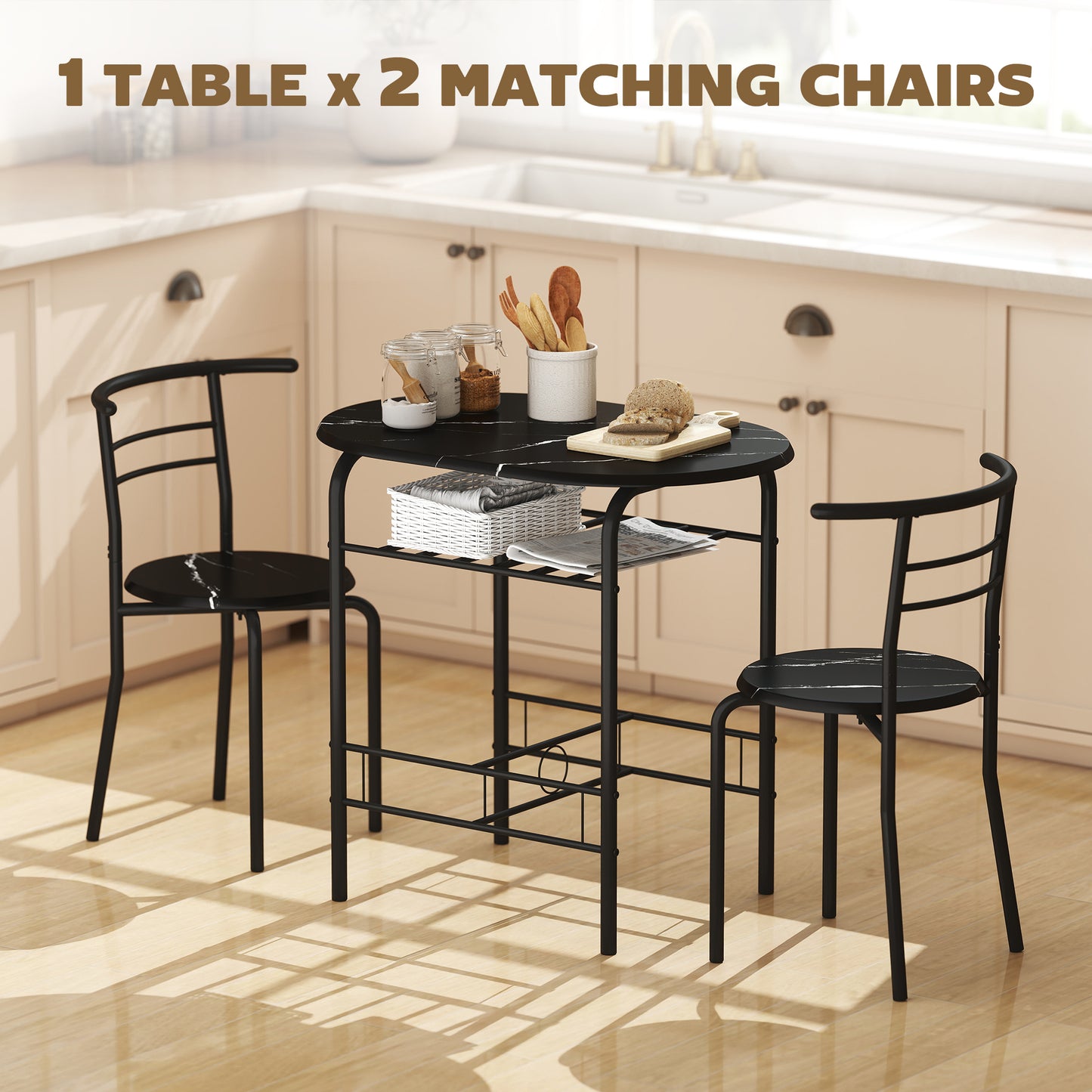 Breakfast Bar Table and Stools Set, Dining Room Set with Shelf, Black