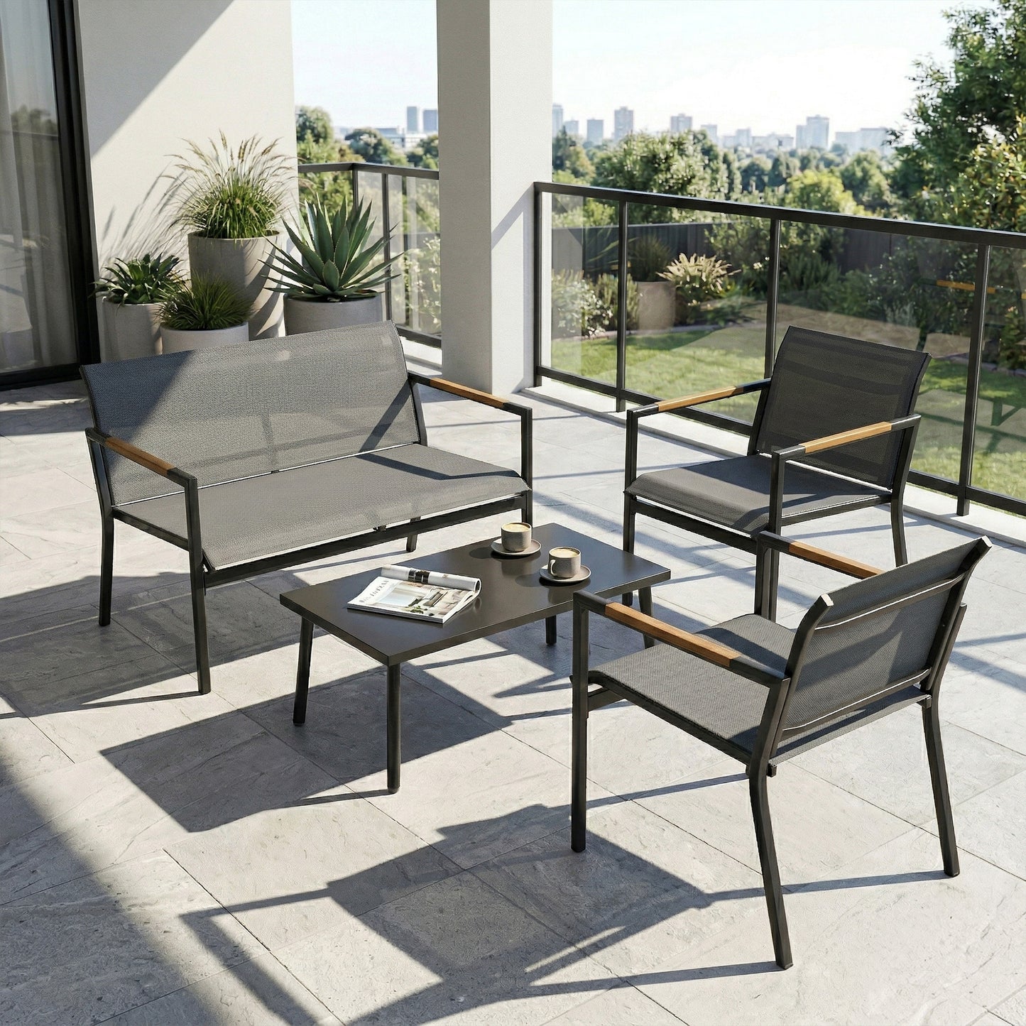 4 Seater Garden Furniture Set, Metal Garden Sofa Set, Grey