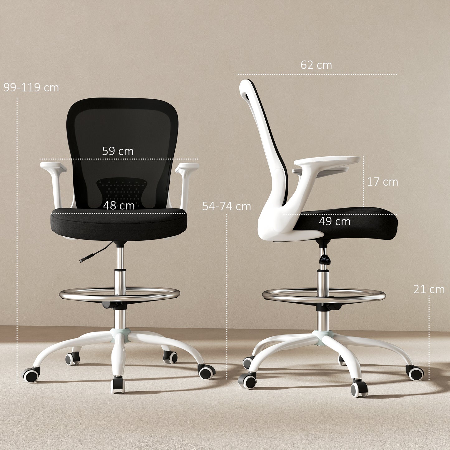 Mesh Draughtsman Chair, Ergonomic Drafting Chair, Black White