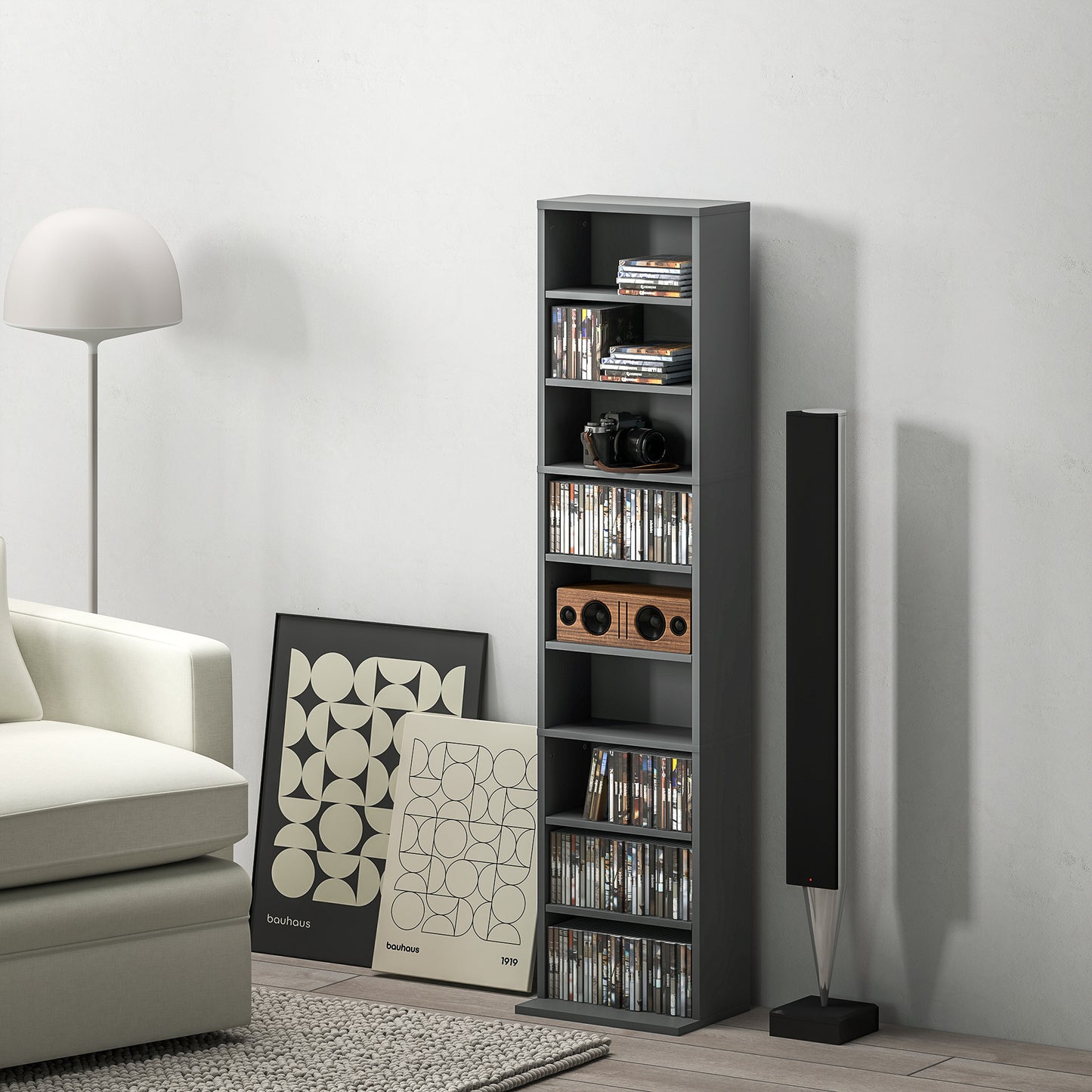 260 CD Storage Unit 120 DVD Storage Tower with 9 Compartments Grey