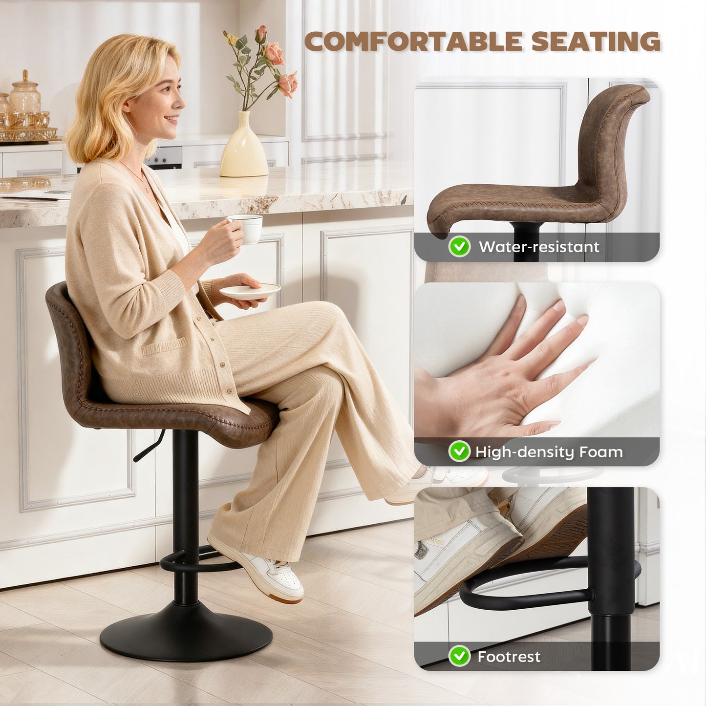 Barstools Set of 2, Dining Stools with Backrest and Footrest, Brown