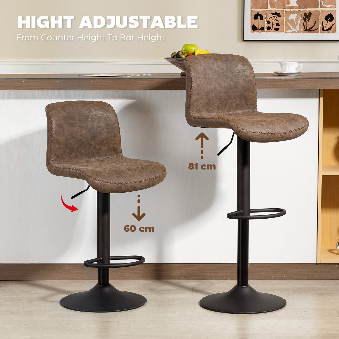 Barstools Set of 2, Dining Stools with Backrest and Footrest, Brown