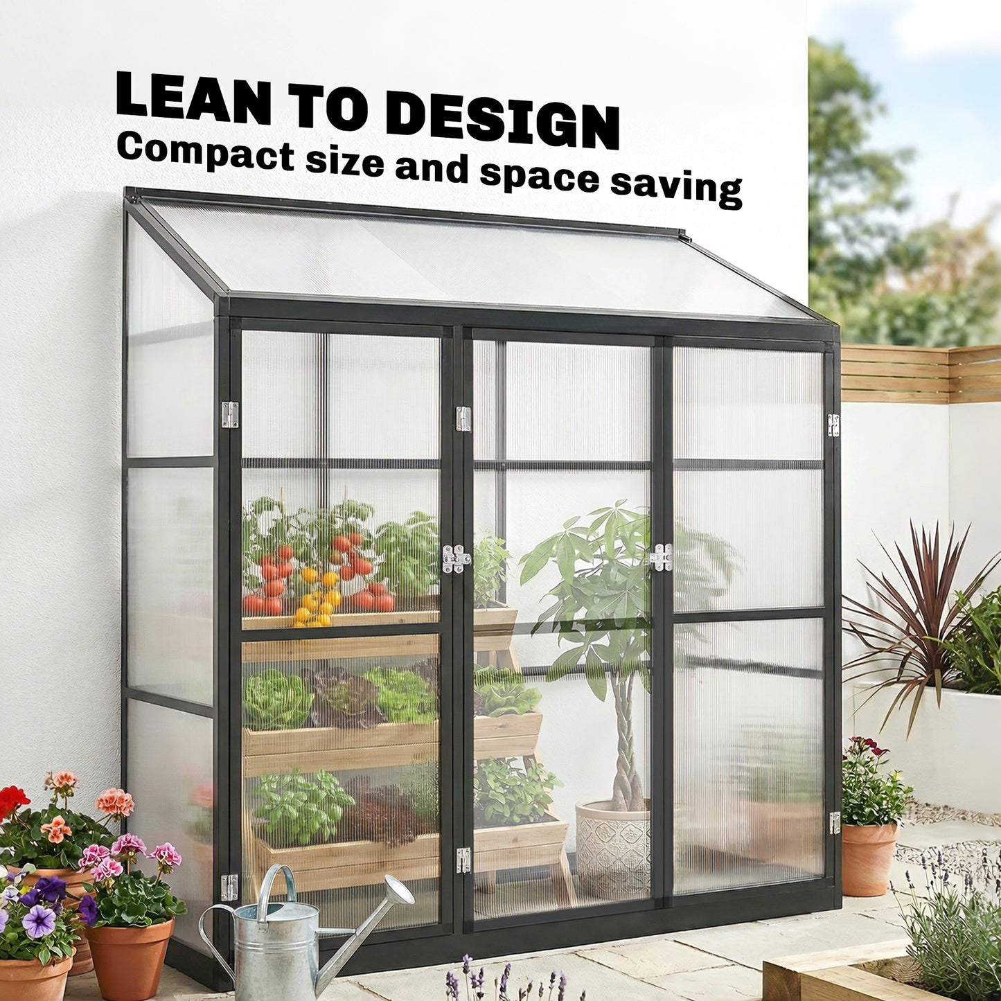 Polycarbonate Greenhouse with 3 Doors, Aluminium Walk-in Greenhouse