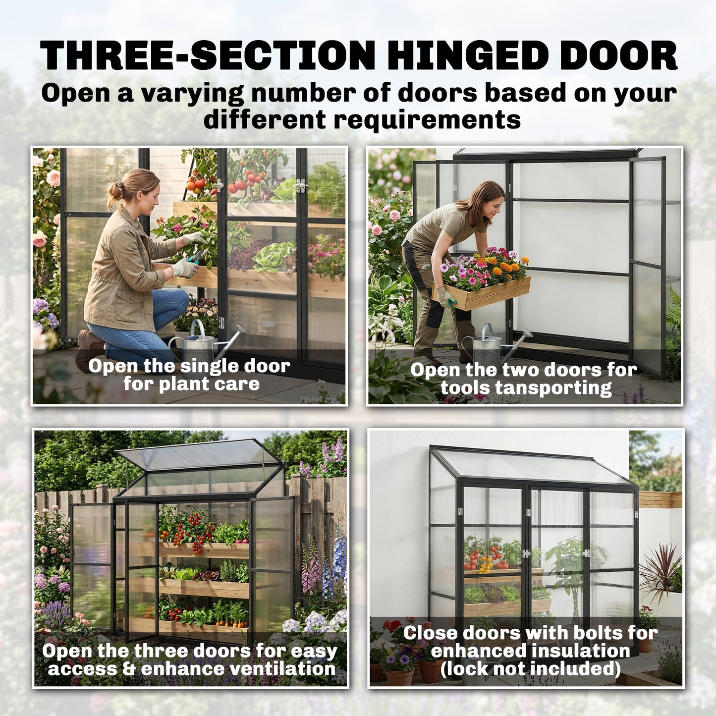 Polycarbonate Greenhouse with 3 Doors, Aluminium Walk-in Greenhouse