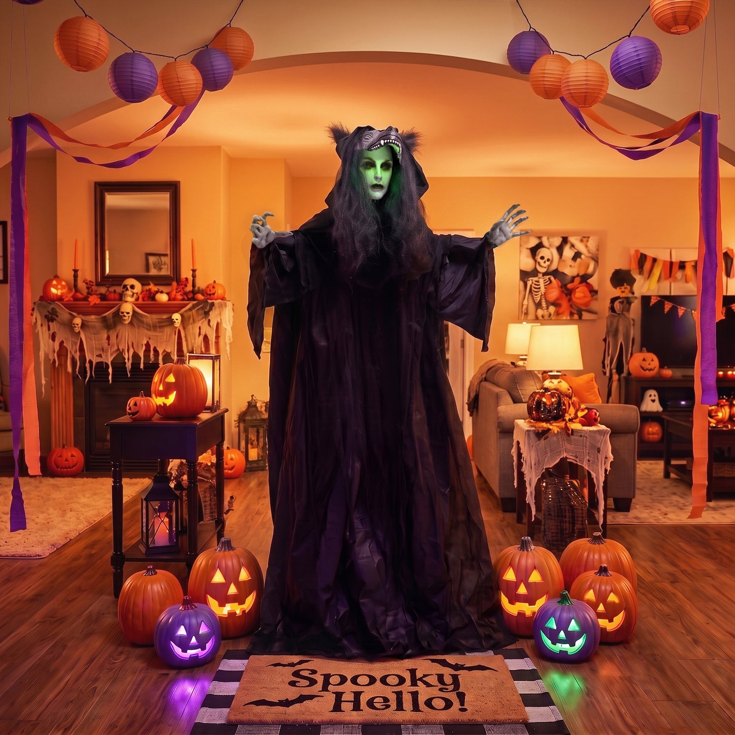 67" Animated Pop-Up Ghost with Werewolf Mask, Light Up Animated Prop
