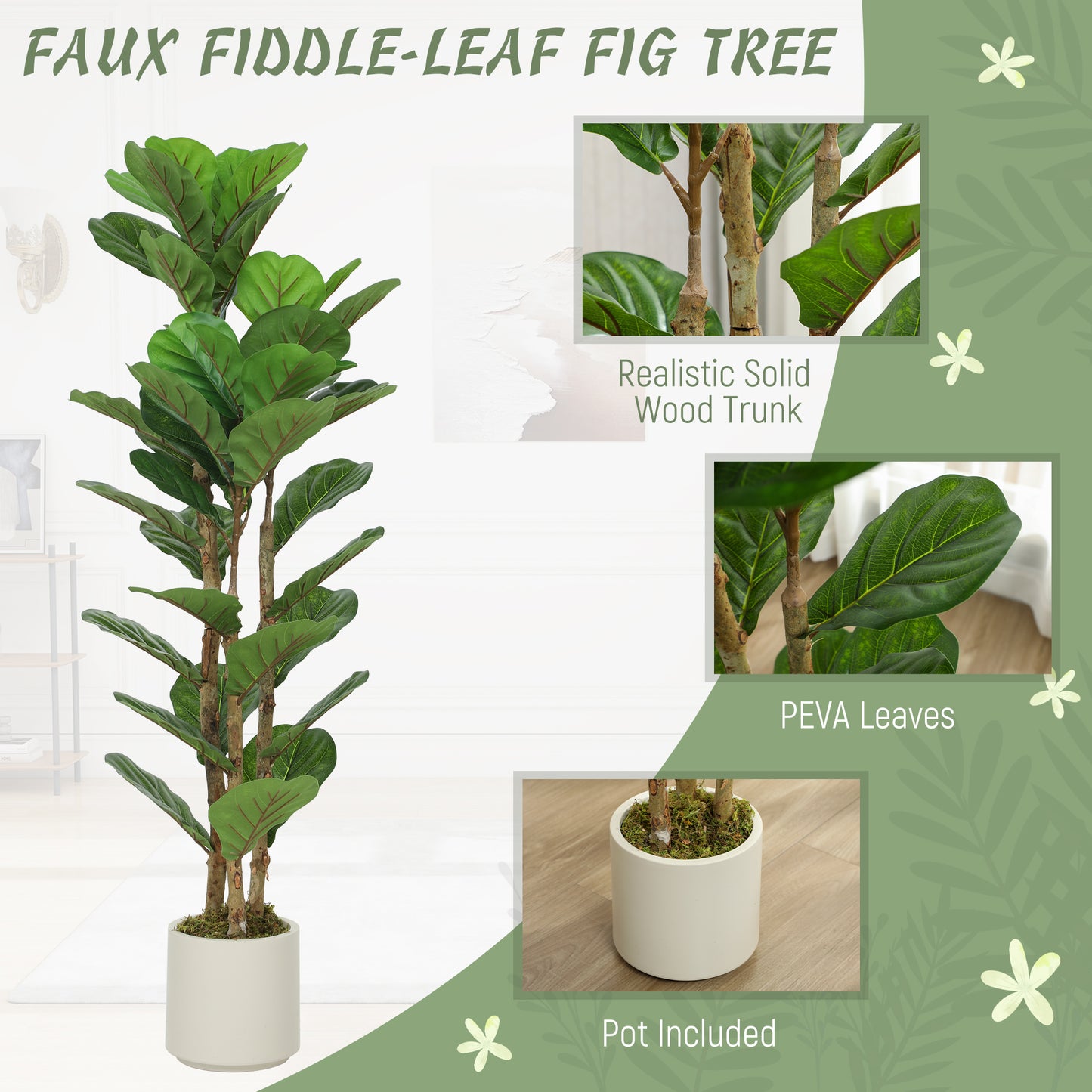 120cm Artificial Fiddle Leaf Fig Tree with Solid Wood Trunks, Decorative Artificial Plant with 71 Leaves in Pot for Indoor Living Room Office Home Decor, Green
