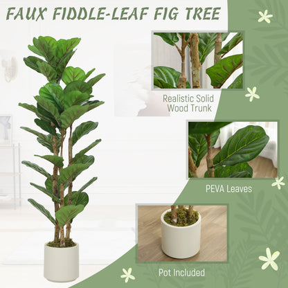 120cm Artificial Fiddle Leaf Fig Tree with Solid Wood Trunks, Decorative Artificial Plant with 71 Leaves in Pot for Indoor Living Room Office Home Decor, Green
