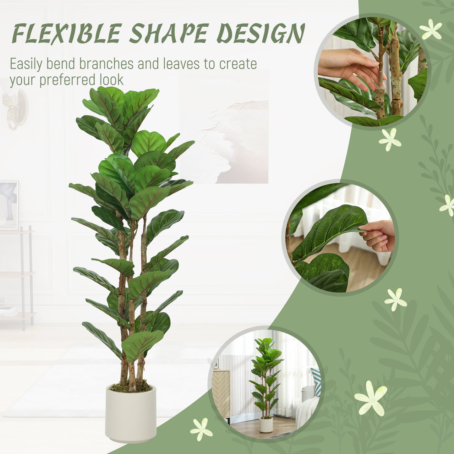 120cm Artificial Fiddle Leaf Fig Tree with Solid Wood Trunks, Decorative Artificial Plant with 71 Leaves in Pot for Indoor Living Room Office Home Decor, Green