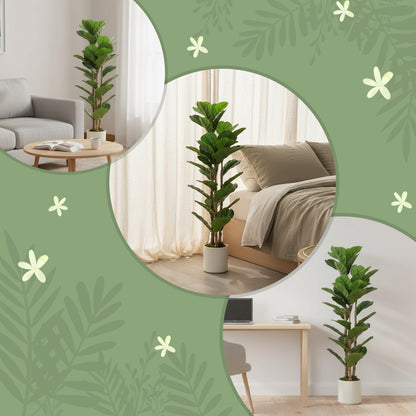 120cm Artificial Fiddle Leaf Fig Tree with Solid Wood Trunks, Decorative Artificial Plant with 71 Leaves in Pot for Indoor Living Room Office Home Decor, Green