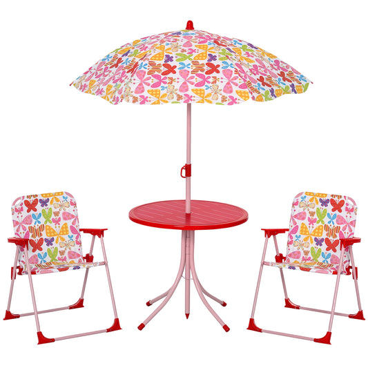 Kids Folding Picnic Table Chair Set Butterfly Pattern Outdoor Parasol