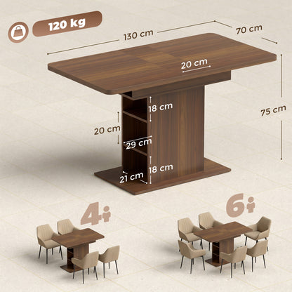 Extendable Dining Table for 4-6 People, 110-130cm Kitchen Table with 6 Open Shelves, Storage Compartment for Home, Living Room, Small Spaces, Walnut Brown