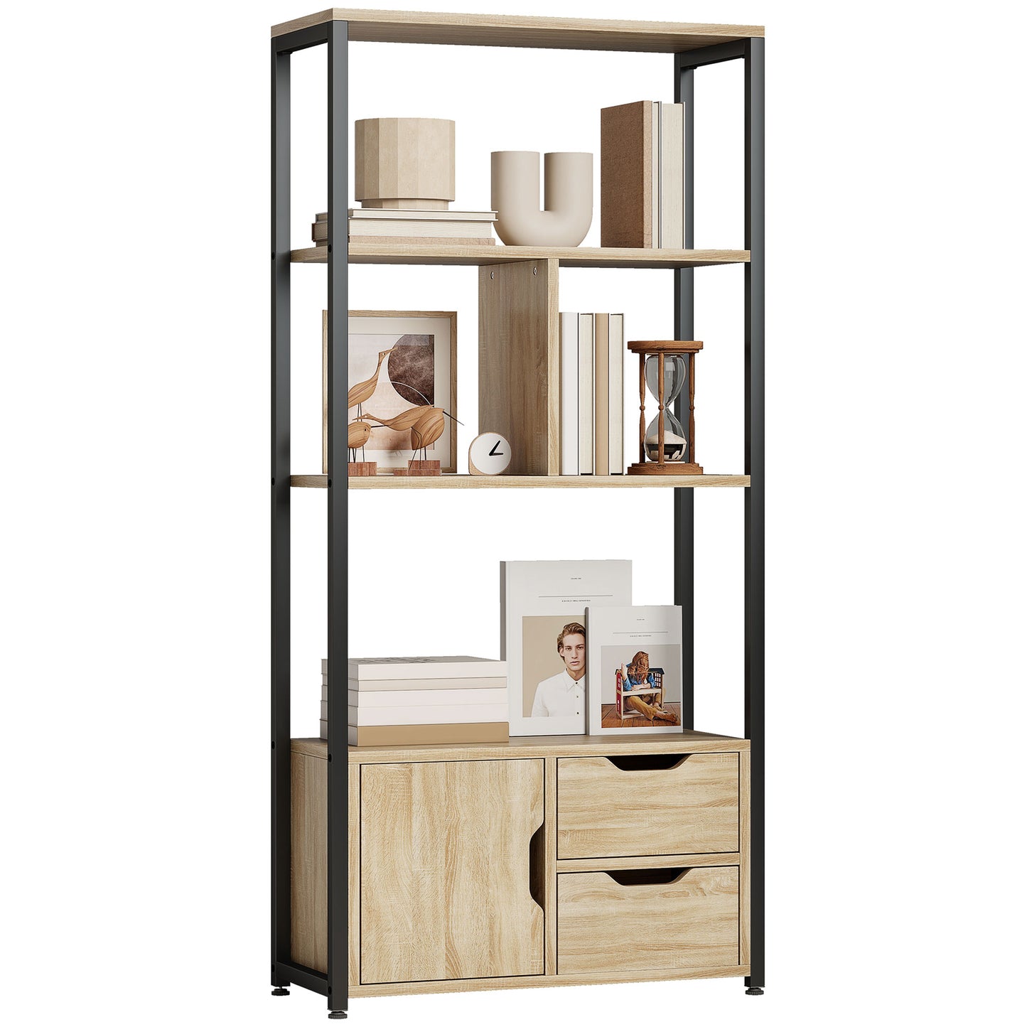 Industrial Bookshelf with 1 Cabinet and 2 Drawers, Natural Wood