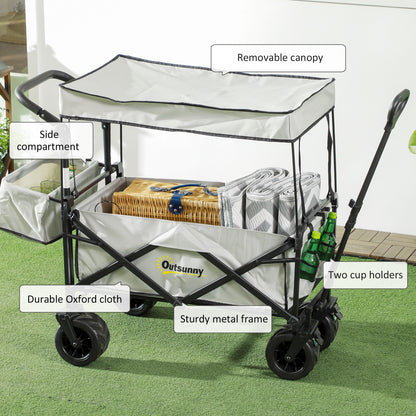 Folding Trolley Cart Storage Wagon Beach Trailer 4 Wheels with Handle Overhead Canopy Cart Push Pull for Camping, Grey