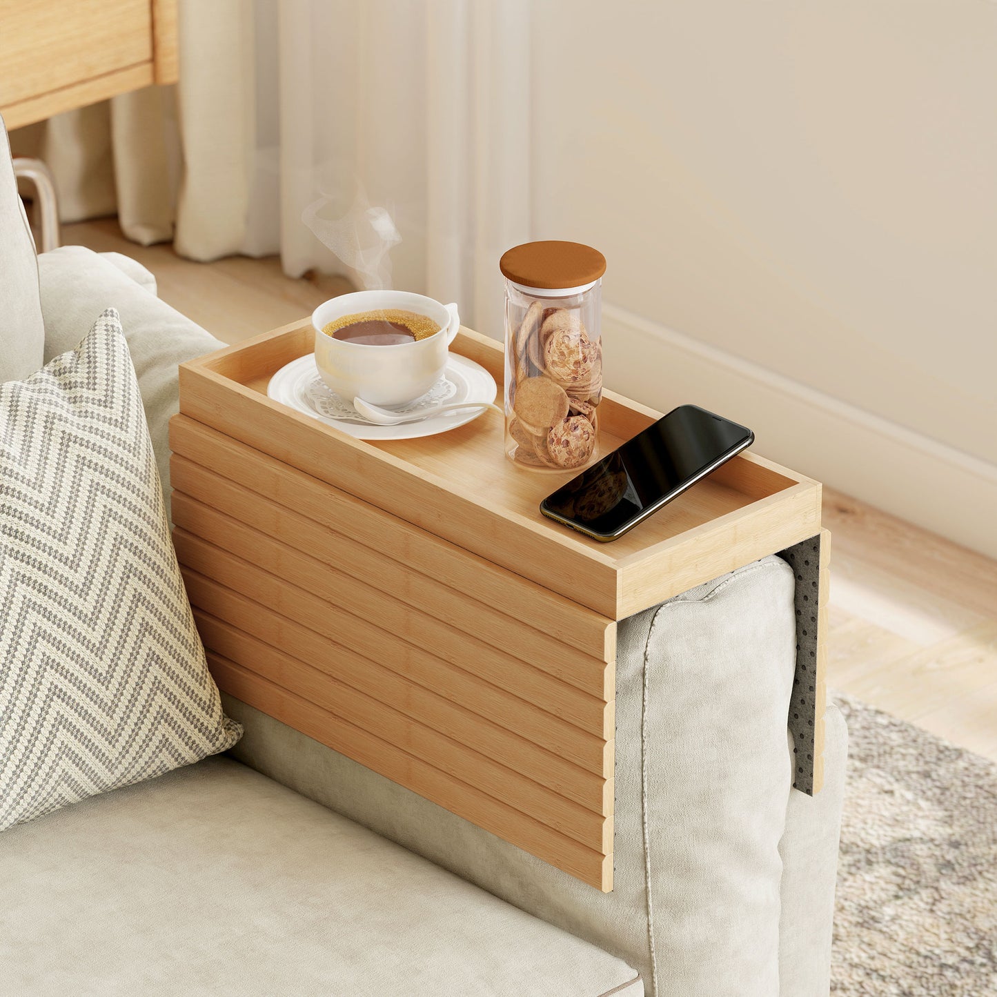 Bamboo Sofa Arm Tray, Foldable Anti-Slip Armrest Tray for Drinks