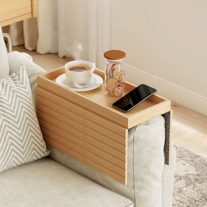 Bamboo Sofa Arm Tray, Foldable Anti-Slip Armrest Tray for Drinks