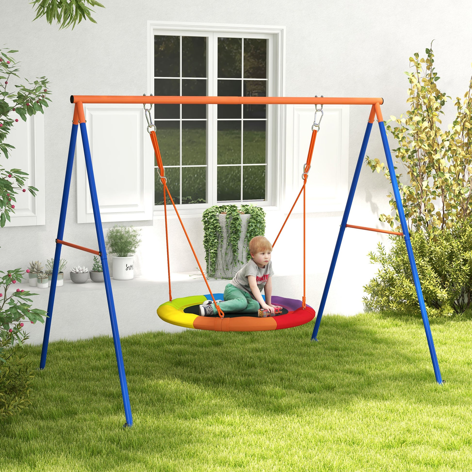 Metal Kids Swing Set Nest Swing Seat with A-Frame Structure for