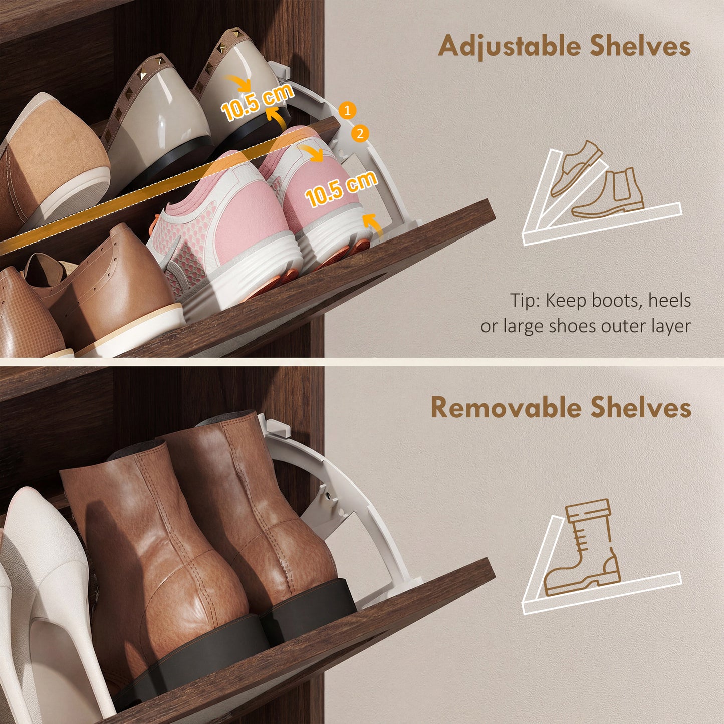 Boho Narrow Shoe Cabinet, Shoe Rack with 2 Flip Drawers, Dark Brown
