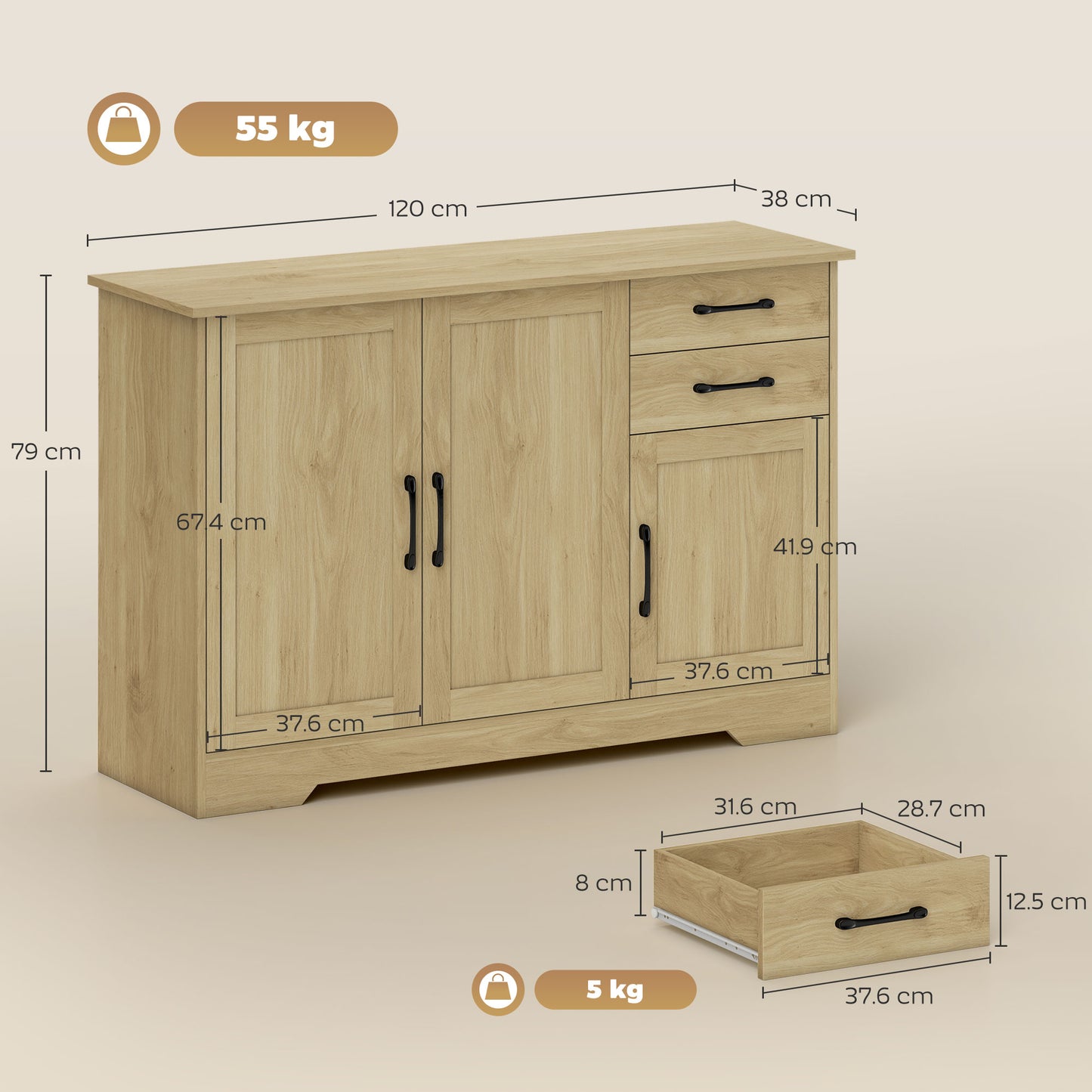 Sideboard with Soft-Close Doors, Modern Storage Cabinet Natural