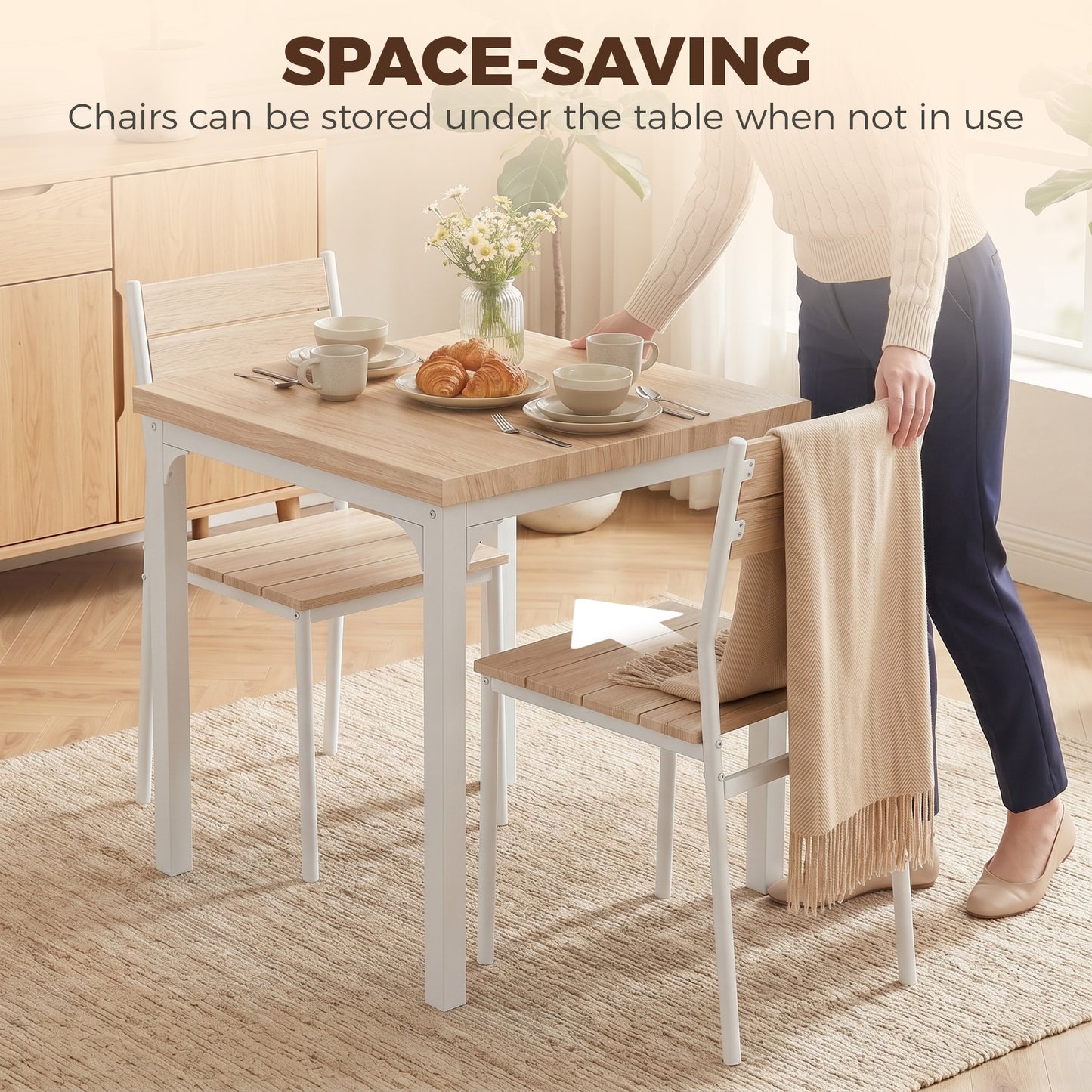 3 Pcs Compact Dining Table 2 Chairs Set, Oak Wood Effect