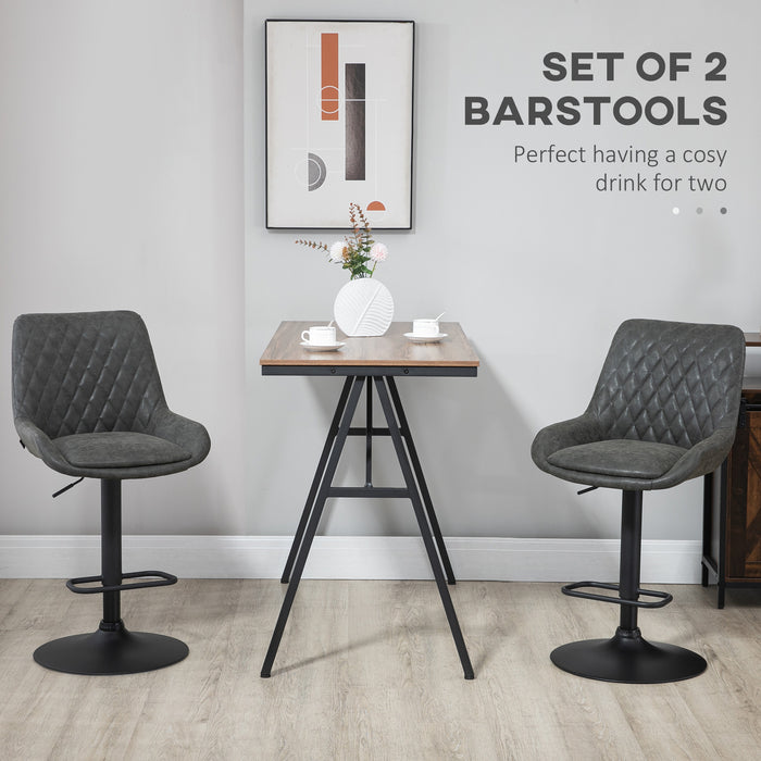 Retro Bar Stools Set of 2, Adjustable Kitchen Stool, Upholstered Bar Chairs with Back, Swivel Seat, Grey