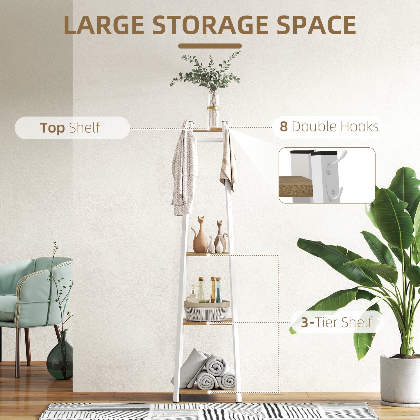 Clothes Rack with Storage, Garment Rack with 8 Hooks and 3-Tier Shelf