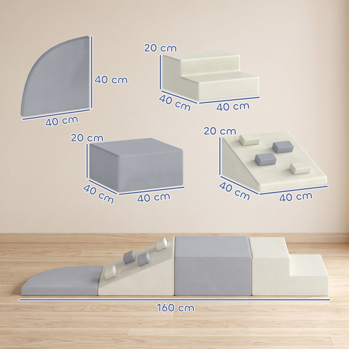 4 Piece Foam Soft Play Climbing Set with Ramp and Steps - Light Grey & Beige