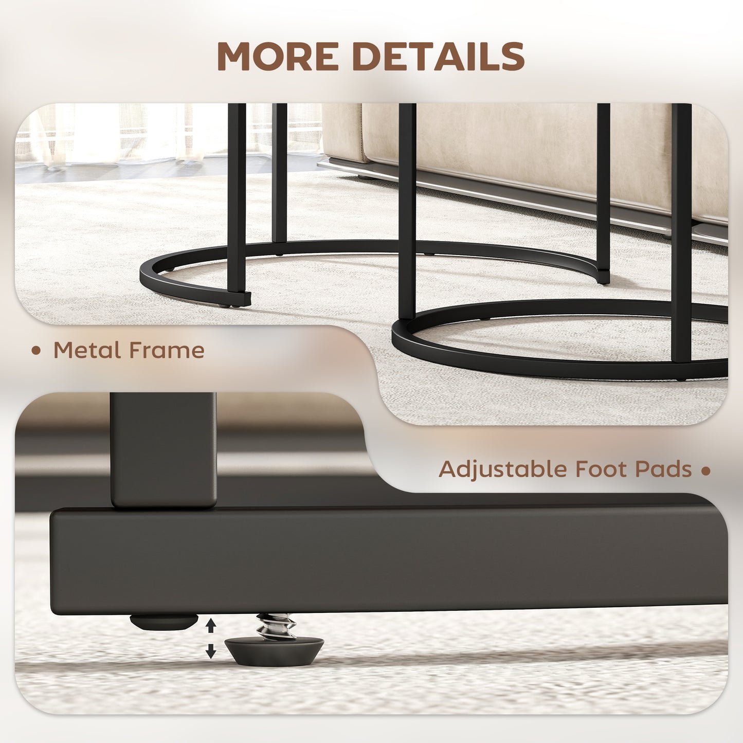 Marble Coffee Table Set of 2, Round Nest of Tables, Rustic Brown