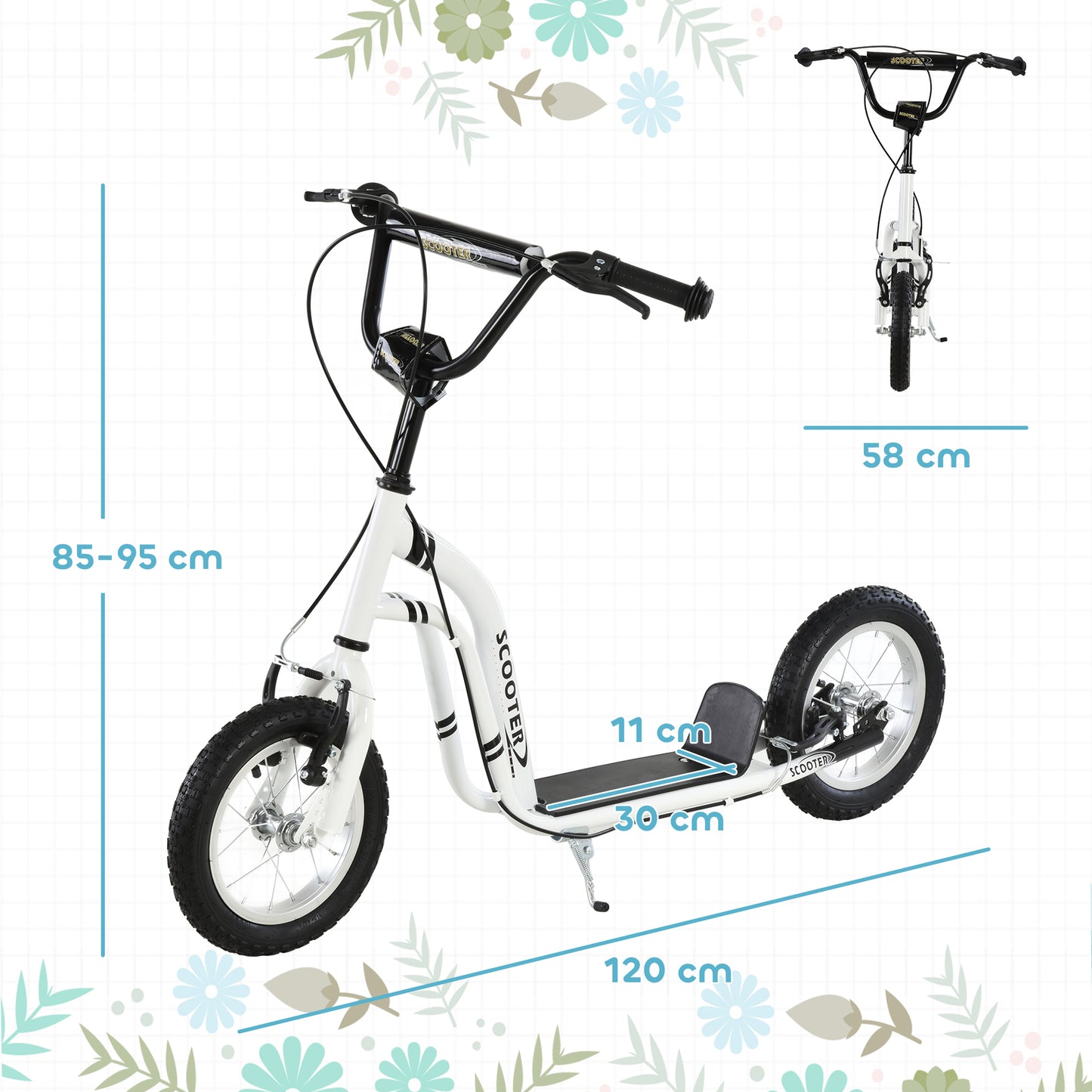 Kids Stunt Scooter with 12" Rubber Tyres, Adjustable Handlebar, White