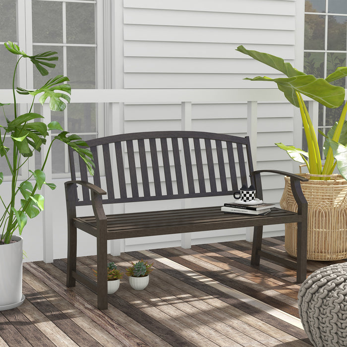 Garden Bench, Outdoor Metal Bench with Slatted Seat and Backrest, Curved Armrest, for Conservatory, Garden, Poolside, Deck, Brown