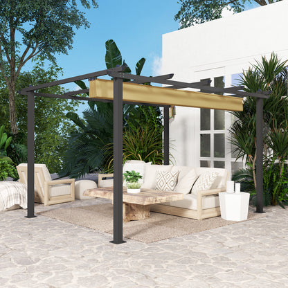 3 x 4m Aluminium Pergola with Retractable Roof, Garden Gazebo Khaki