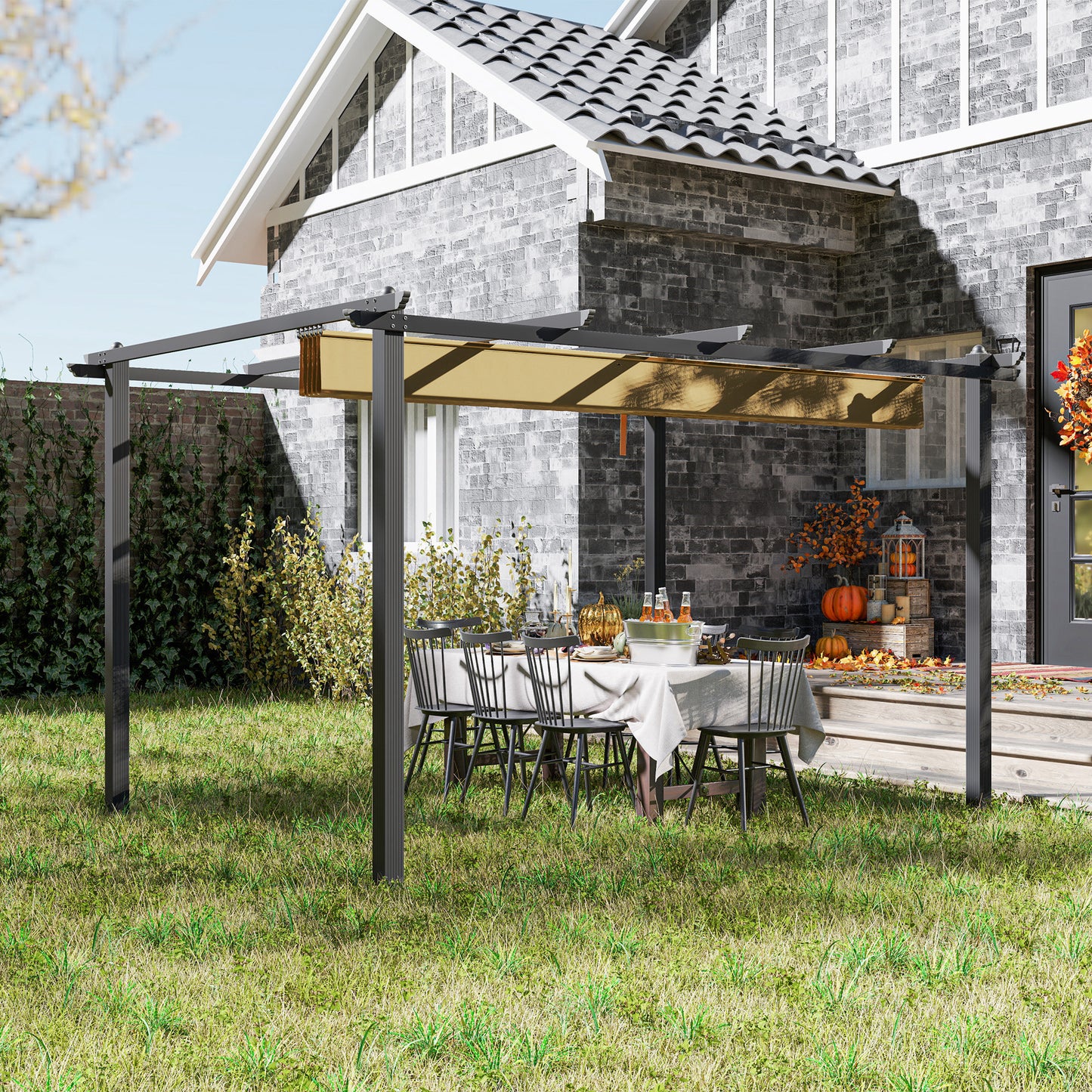 3 x 4m Aluminium Pergola with Retractable Roof, Garden Gazebo Khaki