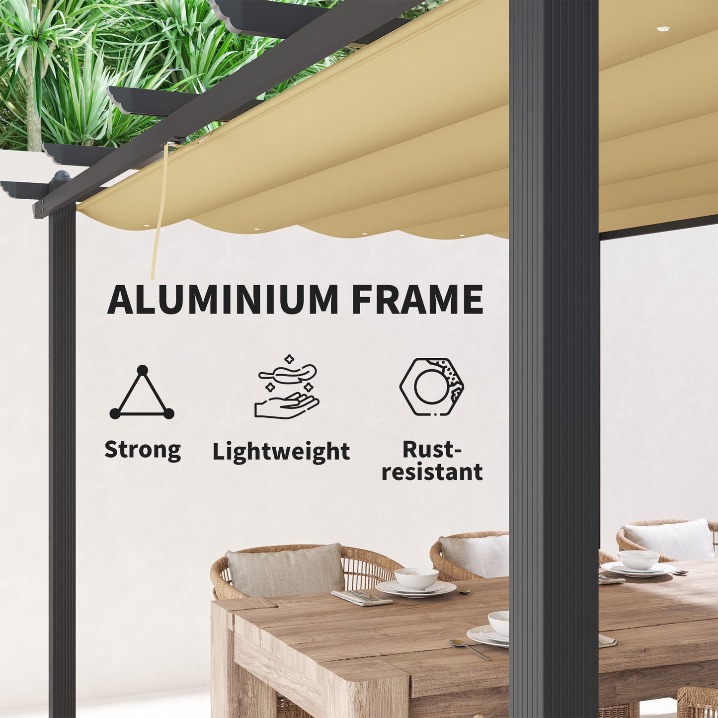 3 x 4m Aluminium Pergola with Retractable Roof, Garden Gazebo Khaki