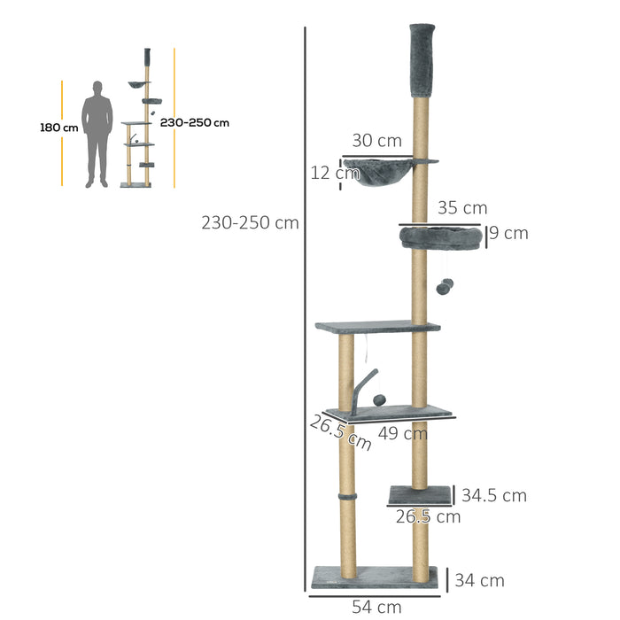 Floor to Ceiling Cat Tree, 6-Tier Play Tower Climbing Activity Center w/ Scratching Post, Hammock, Adjustable Height 230-250cm, Grey