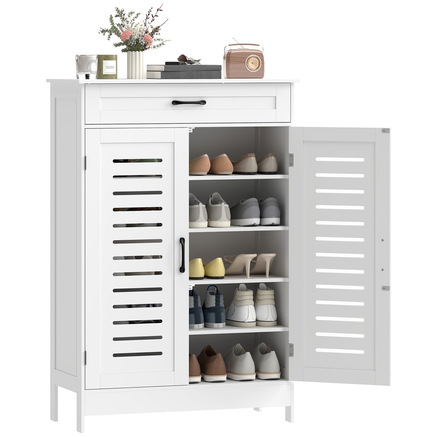Modern Shoe Storage Cabinet with Louvered Doors and Drawer, White