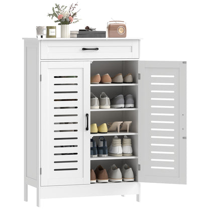 Modern Shoe Storage Cabinet with Louvered Doors and Drawer, White