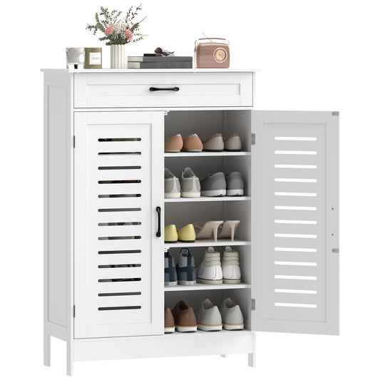 Modern Shoe Storage Cabinet with Louvered Doors and Drawer, White