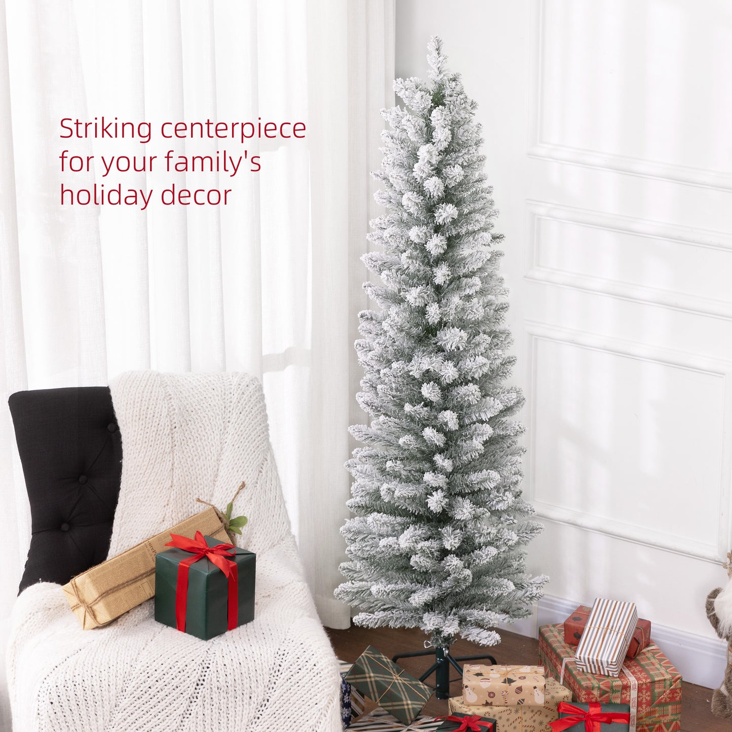 5 Foot Artificial Pencil Christmas Tree with  Snow Flocked Tips, White