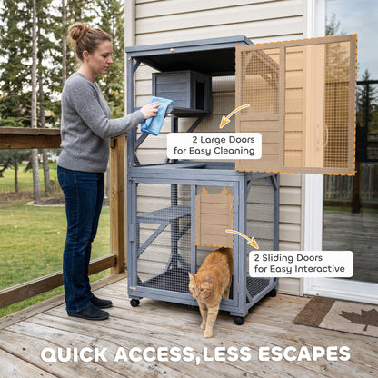 Outdoor Catio Cat House, Movable Wooden Cat Enclosure on Exercise Wheels with Resting Box, 3  Platforms, Large Kitty Cage with Waterproof Asphalt Roof for Outdoor Indoor, for 2 Kittens
