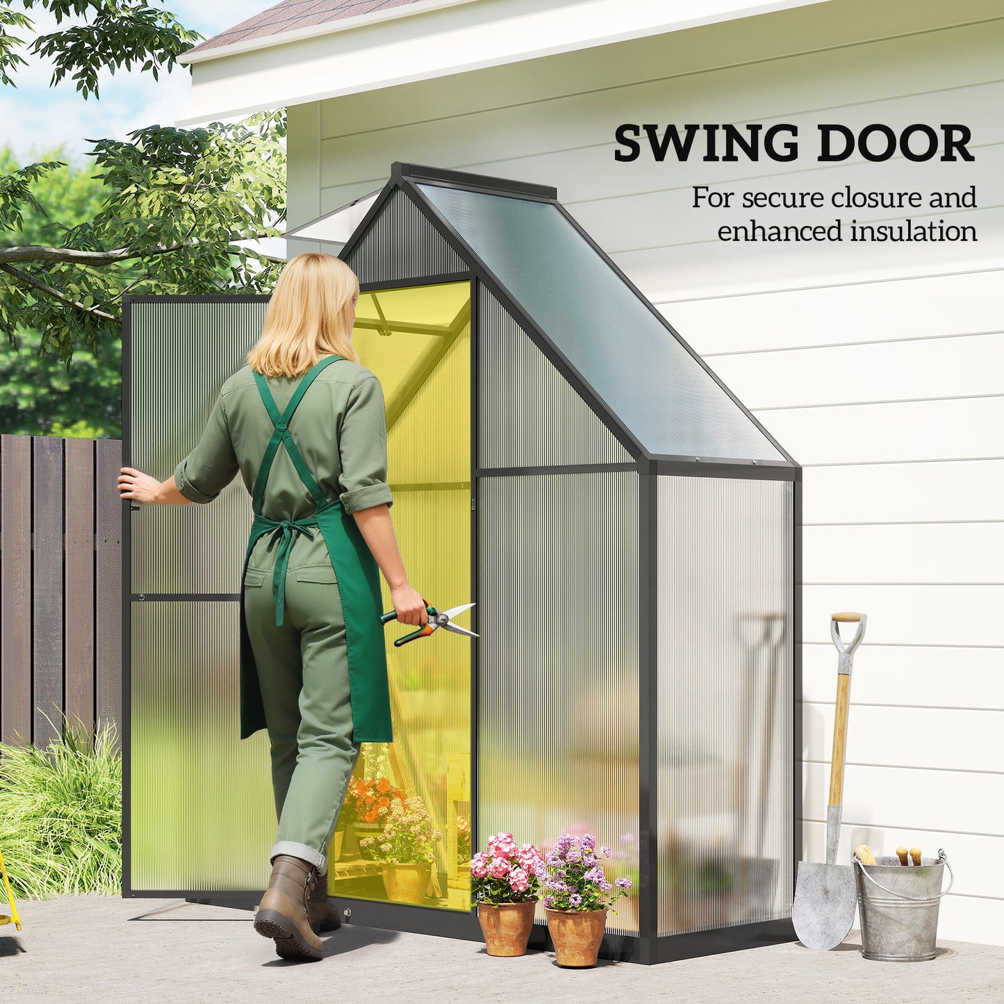 Polycarbonate Greenhouse Garden Green House with Swing Door, Black