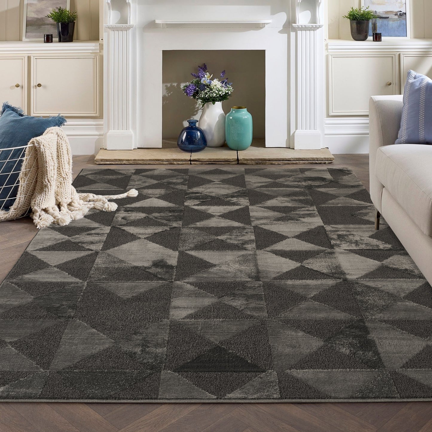 Hamilton Modern Metallic Sheen Area Rug - Mosaic Geometric Triangle Design - 3 Colours Available