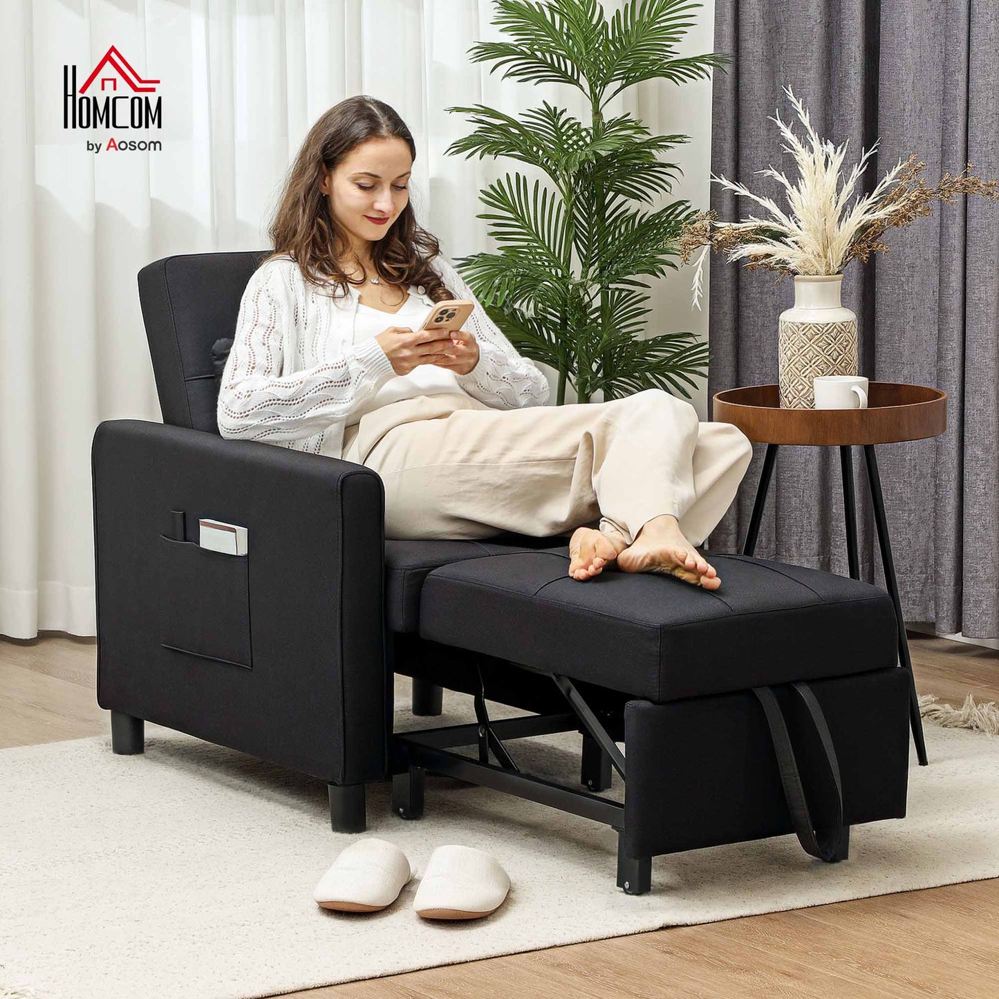 Folding Chair Bed, Sleeper Chair with Pillow, Side Pockets, Black