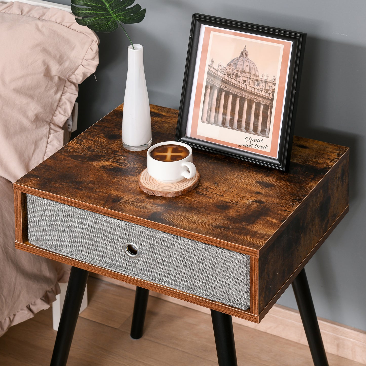 Side Table, Nightstand, End Table with Removable Fabric Drawer, Retro Style Accent Furniture with Wooden Legs, Rustic Brown and Black