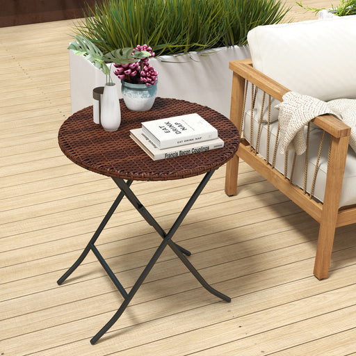 Foldable PE Rattan Outdoor Coffee Table, Metal Frame Wicker Round Side Table, Coffee Table Side Table for Lawn, Garden, Mixed Brown