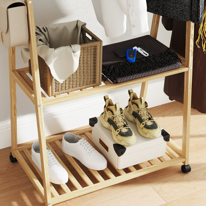 Bamboo Clothes Rail Rack with 2 Storage Shelves, Natural Wood Effect