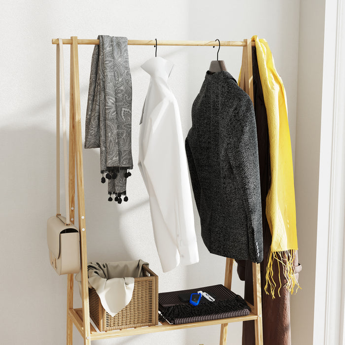 Bamboo Clothes Rail Rack with 2 Storage Shelves, Natural Wood Effect