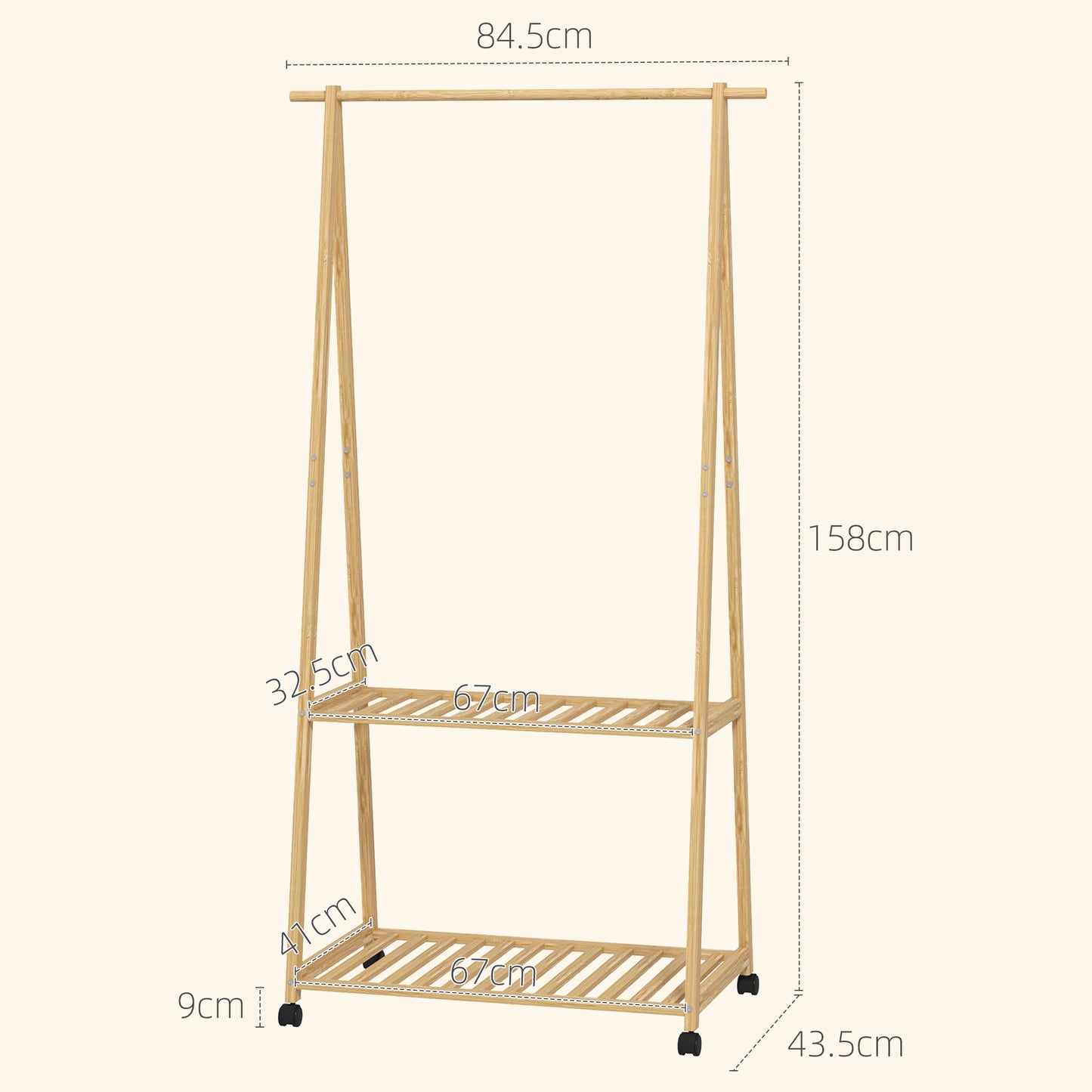 Bamboo Clothes Rail Rack with 2 Storage Shelves, Natural Wood Effect