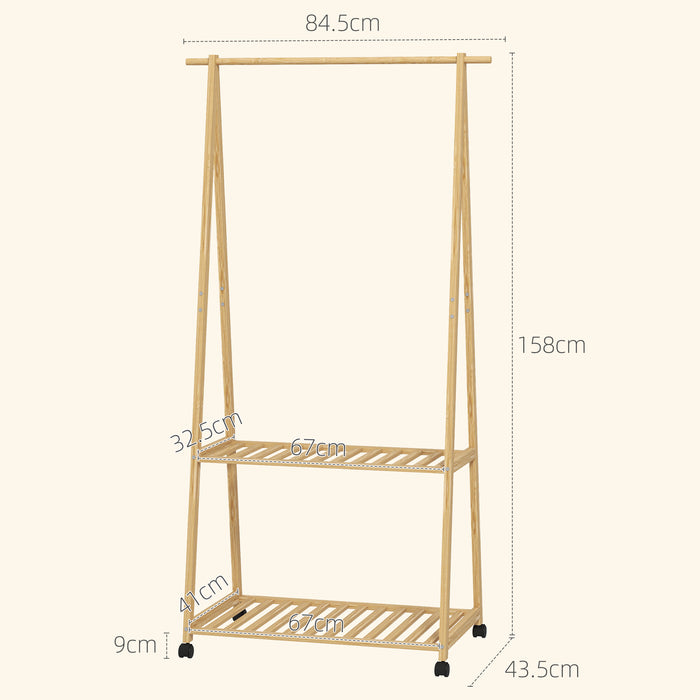 Bamboo Clothes Rail Rack with 2 Storage Shelves, Natural Wood Effect