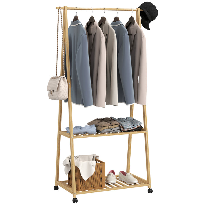 Bamboo Clothes Rail Rack with 2 Storage Shelves, Natural Wood Effect